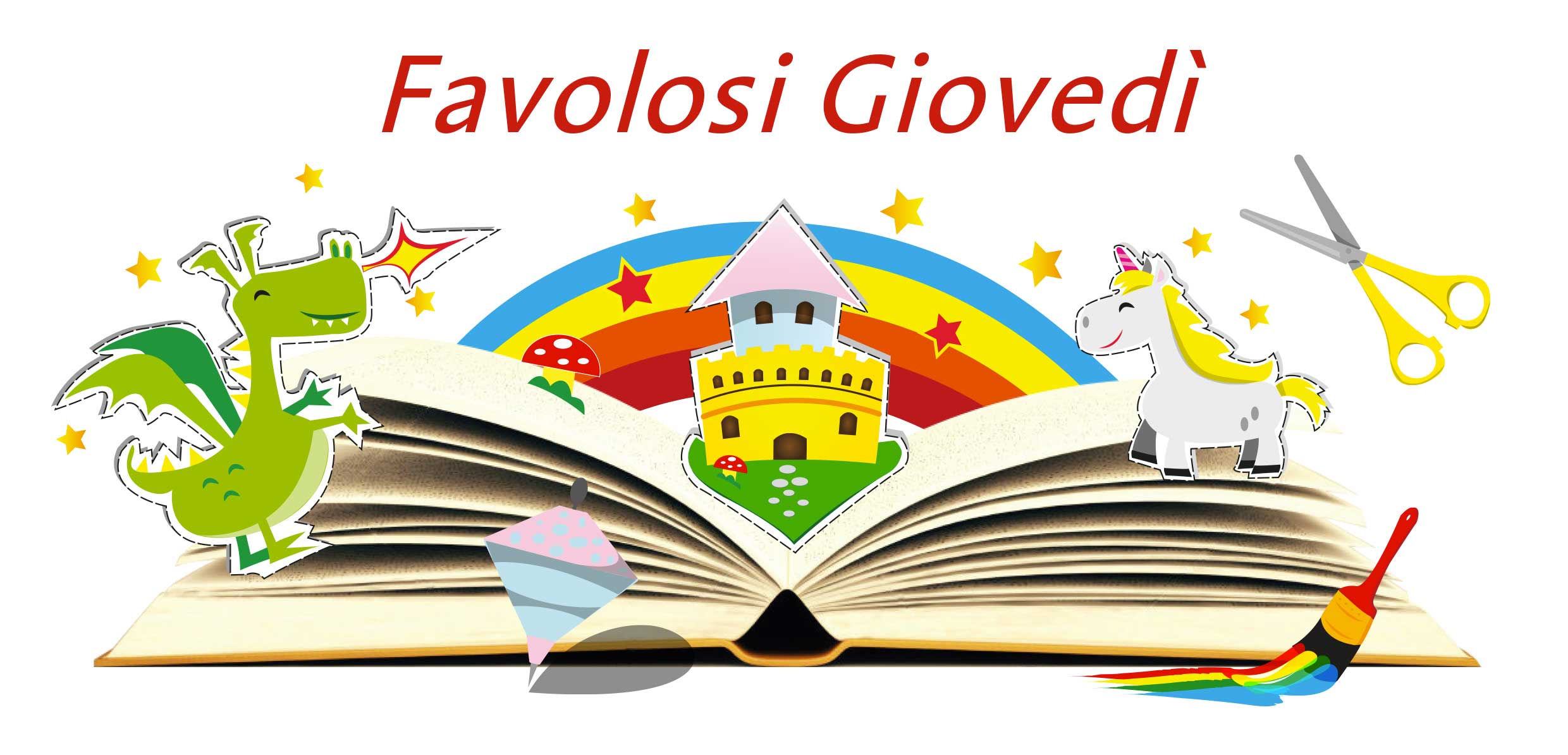 Questa immagine raffigura un libro aperto da cui spuntano un castello e degli animali del momdo delle fiabe